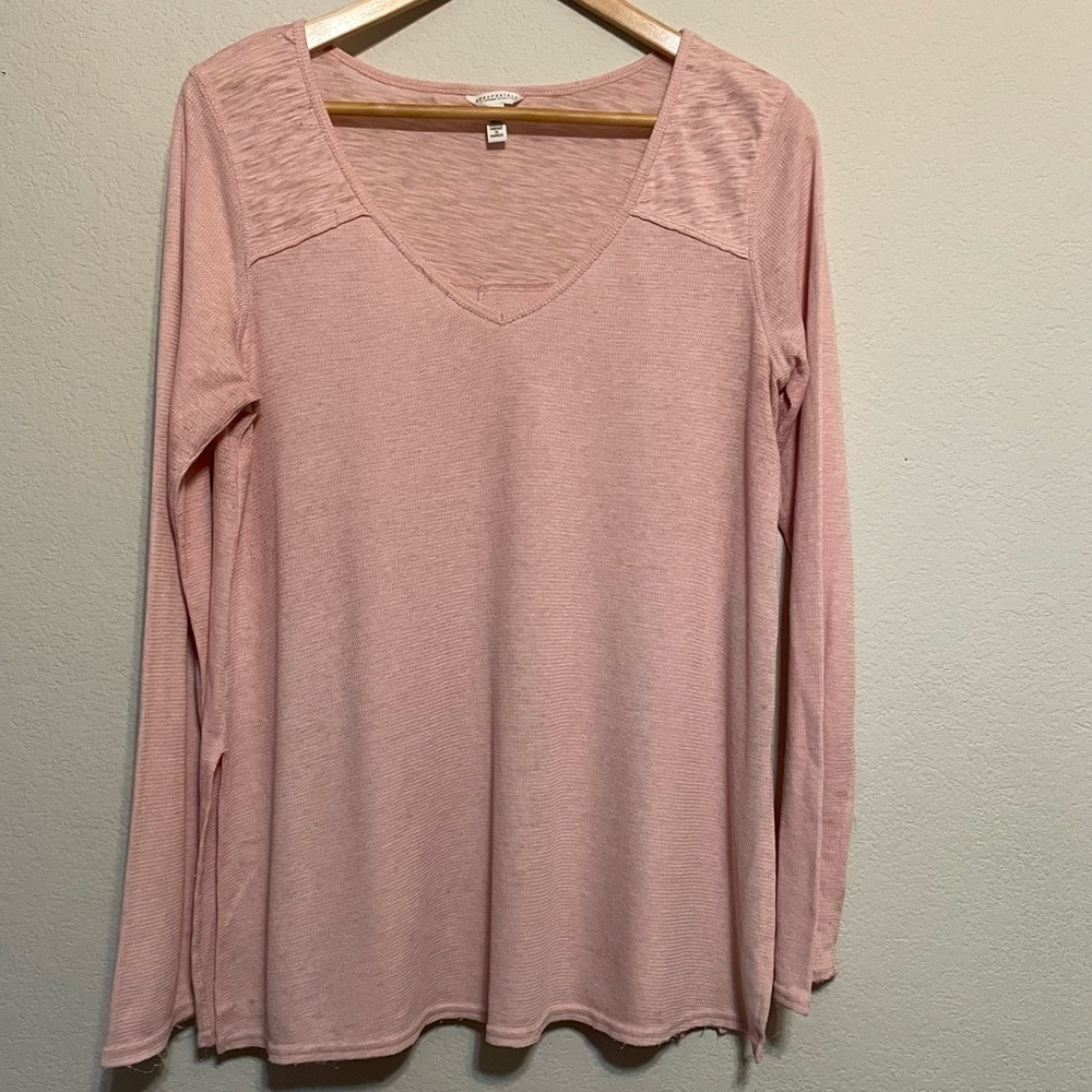 Aeropostale V Neck Lightweight Raw Hem Long Sleeve Pink Shirt Sz Large